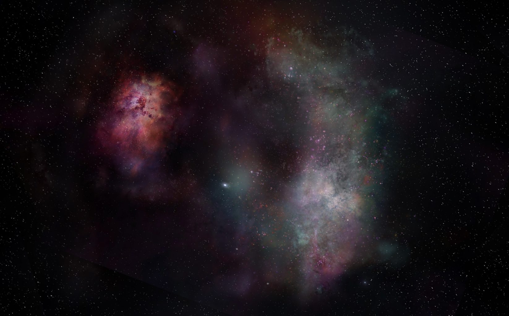Artist's impression of the dust continuum and molecular lines of water and carbon in the SPT0311-58 galaxies. Observations with ALMA found an abundance of molecules. Credit: ALMA (ESO/NAOJ/NRAO)/S. Dagnello (NRAO)