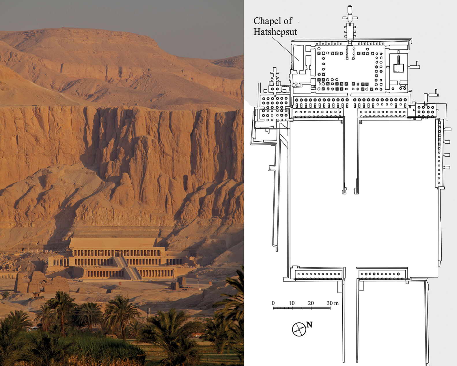 General view and plan of the Hatshepsut temple. On the third terrace on the left - the premises of the queen's chapel. Credit: Anastasiia Stupko-Lubczynska / Antiquity, 2021