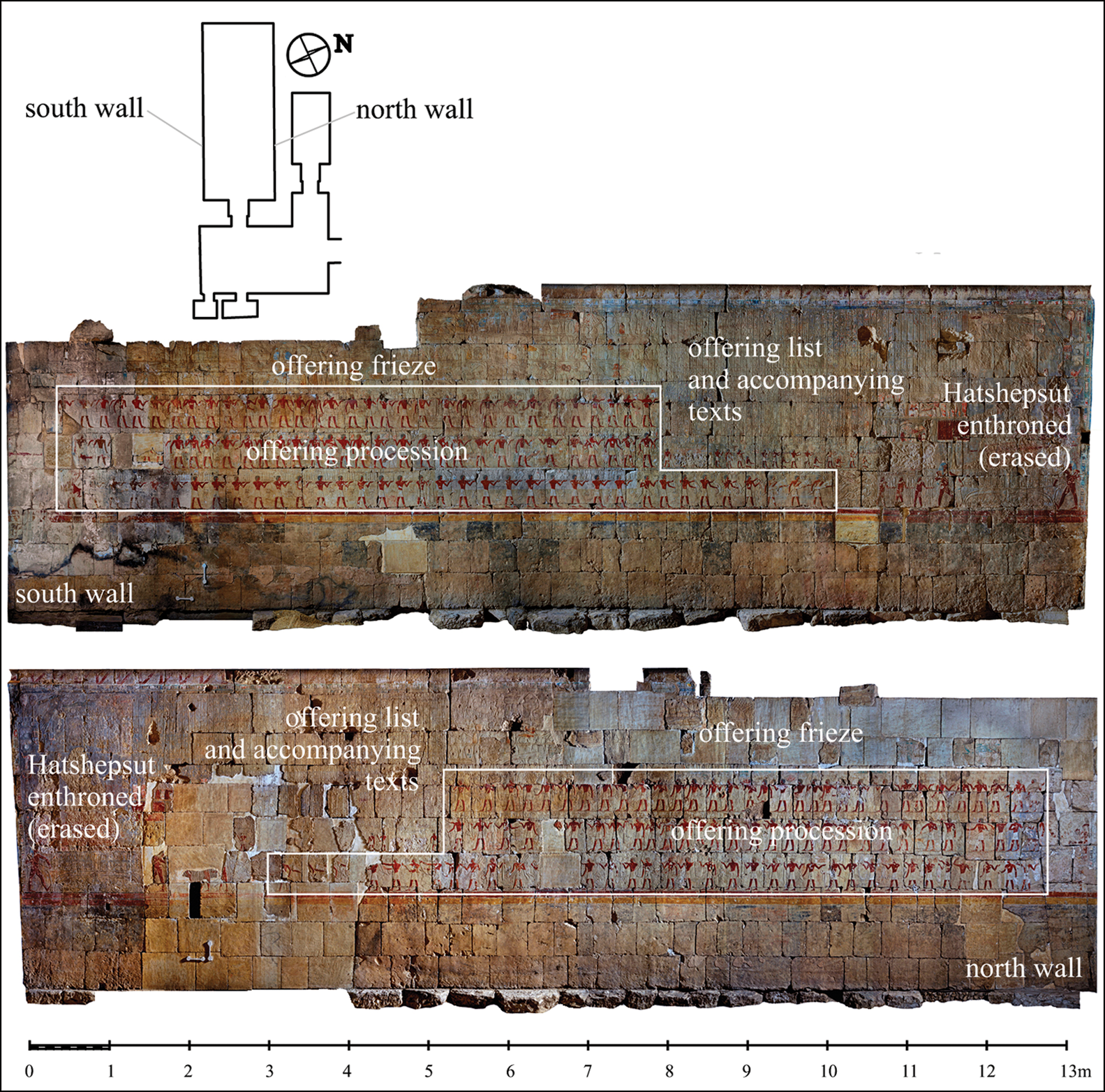 General view of the painted reliefs on the southern (above) and northern (below) walls of the Chapel of Hatshepsut. Credit: Anastasiia Stupko-Lubczynska / Antiquity, 2021
