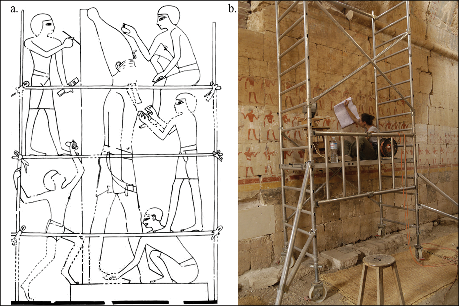 a - Egyptian sculptors in the woods (depiction in the tomb of the nobleman Rehmir); b - scaffolding erected during the study of reliefs in the Chapel of Hatshepsut. Credit: Anastasiia Stupko-Lubczynska / Antiquity, 2021
