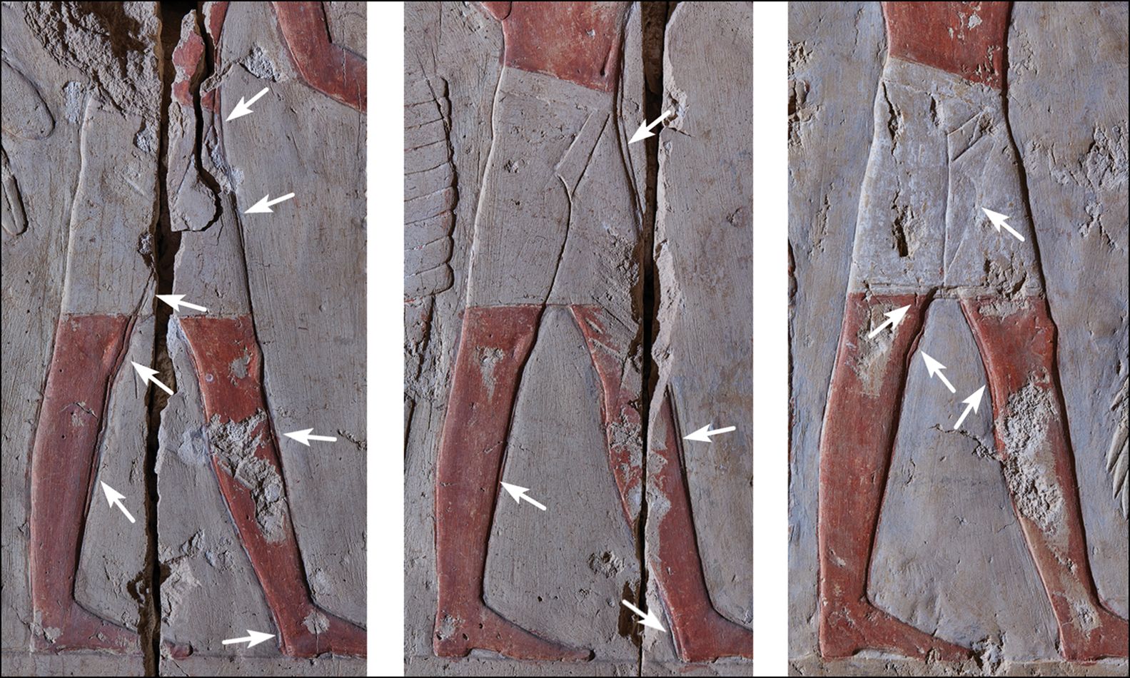 Examples of corrections done on the finished relief by more experienced artisans (indicated with arrows). Credit: Anastasiia Stupko-Lubczynska / Antiquity, 2021