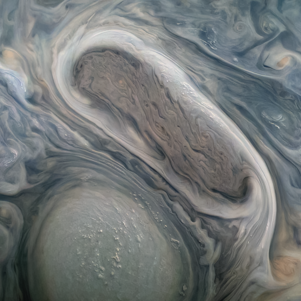 A new image from the JunoCam of two enormous rotating storms on Jupiter. Credit: NASA/JPL-Caltech/SwRI/MSSS, Kevin M. Gill CC BY