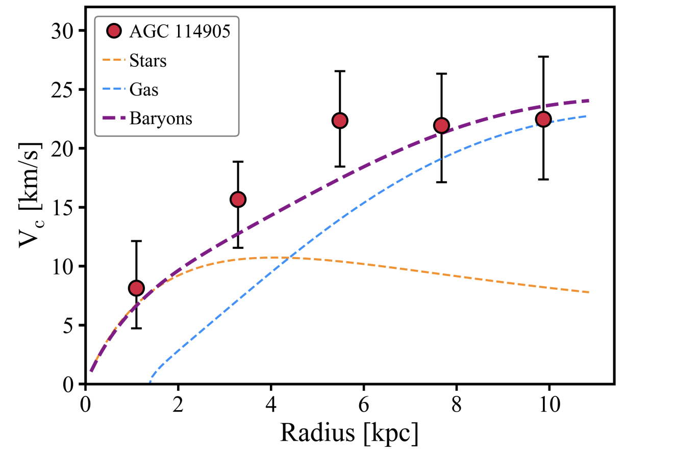 A graph of the dependence of the speed of rotation of matter in the galaxy AGC 114905 from the distance to its center. Red circles represent observational data, and lines represent the contribution to this velocity from baryons (dashed purple line), stars (dashed yellow line) and interstellar gas (dashed bue line), obtained by modeling. Credit: PEM Piña et al. / arXiv.org, 2021