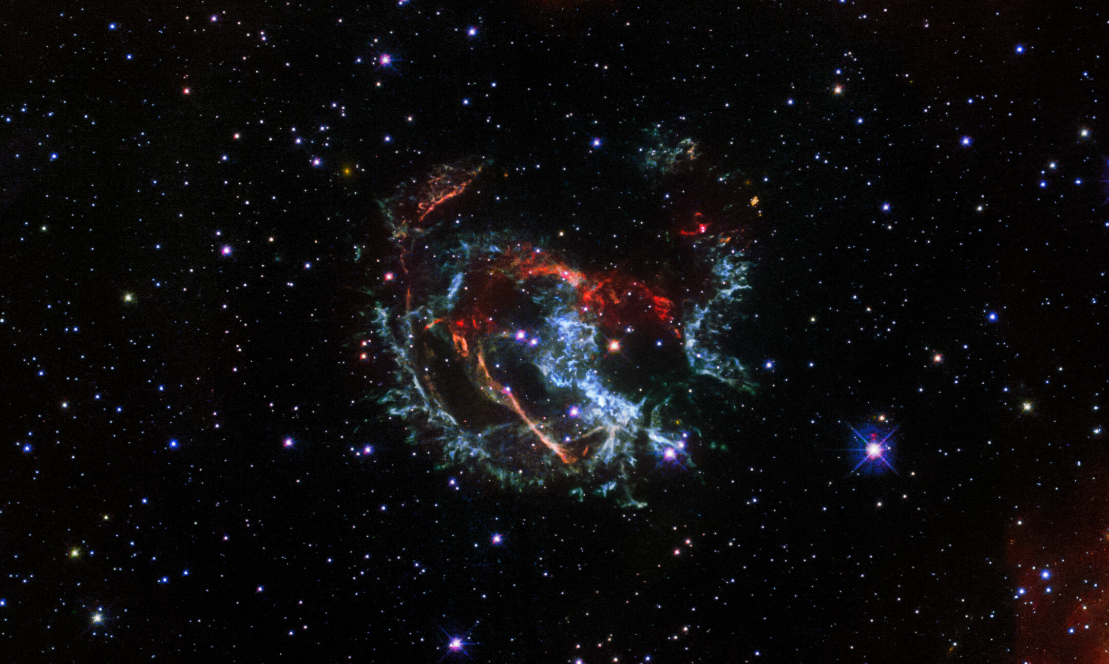 The month of January is illustrated with this image of supernova remnant 1E 0102.2-7219, located 200,000 light-years from us. Credit: NASA, ESA, and J. Banovetz and D. Milisavljevic (Purdue University)