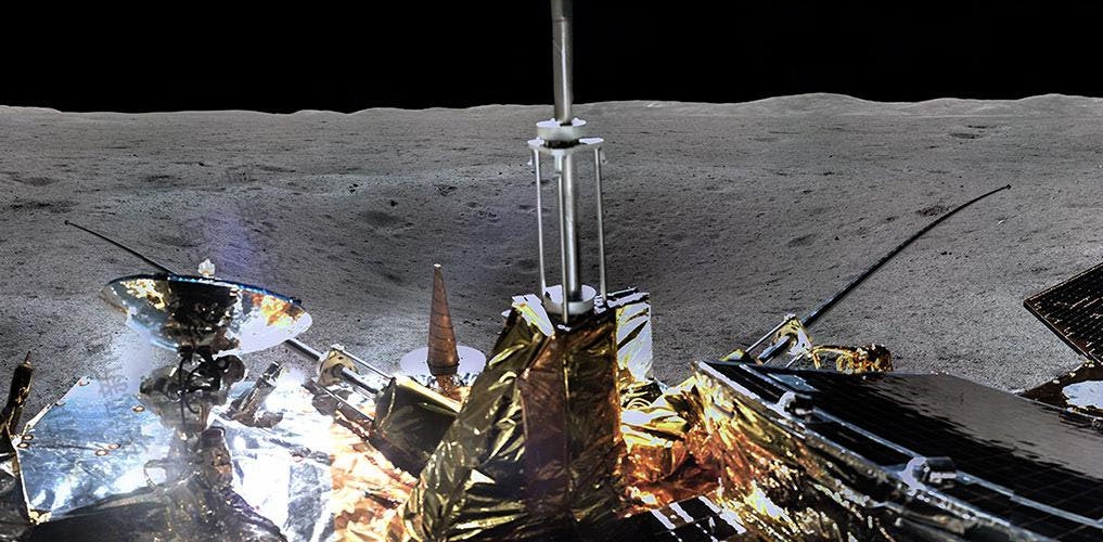 A lunar surface panorama with parts of the landing platform. Credit: CNSA