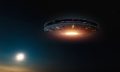UFO, an alien plate soars in the sky, hovering motionless in the air. Depositphotos.