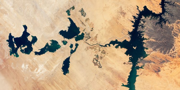 Satellite images of artificial lakes in the Egyptian desert. Image Credit: NASA Earth Observatory.