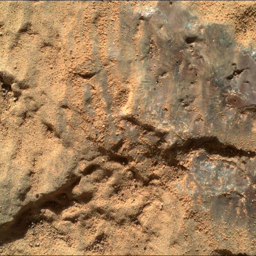 Image of a rock on Mars named 'Nataani', which includes parts of the purple coating on the right side of the shot. Credit: NASA, JPL-CALTECH
