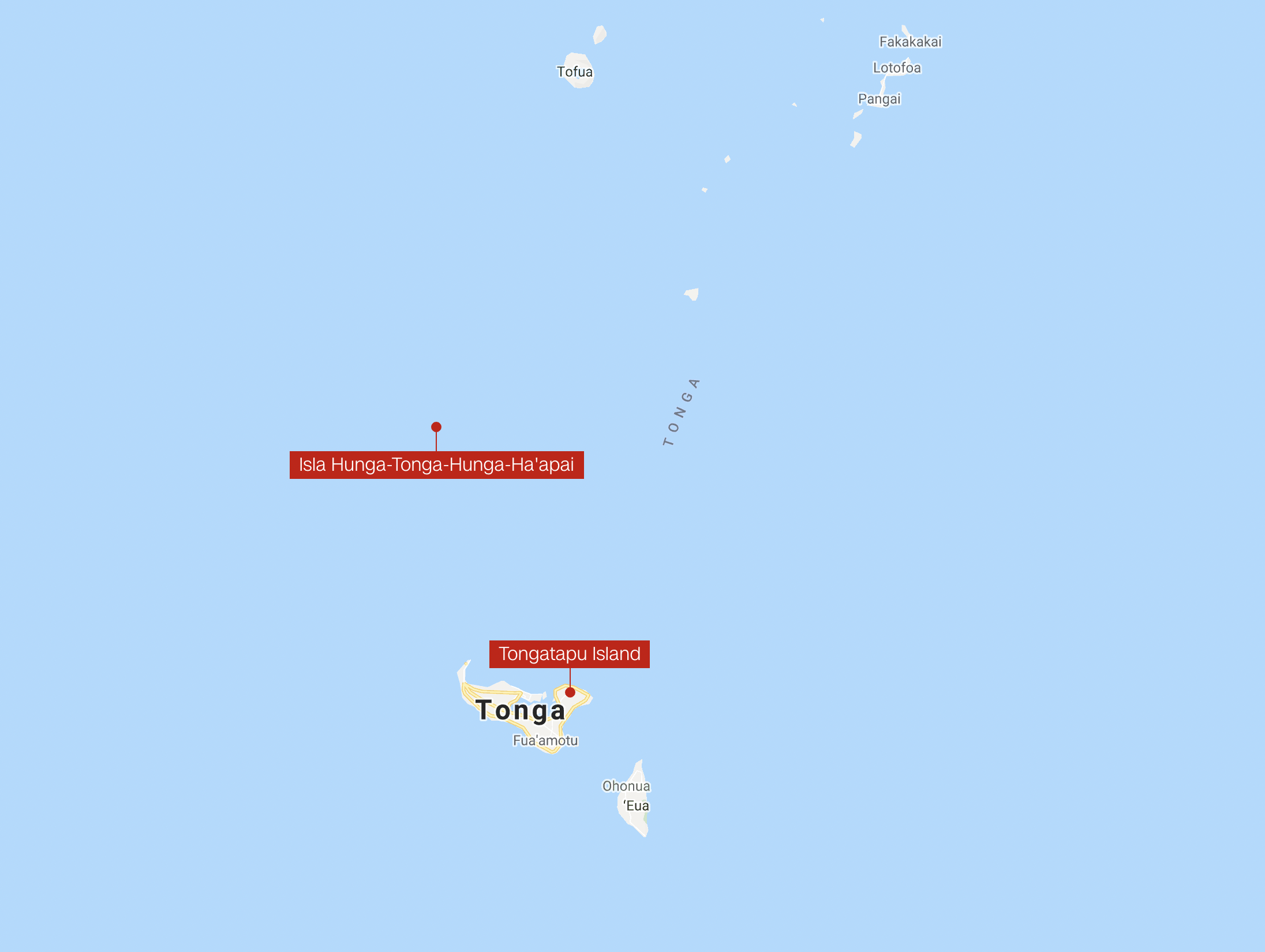 A screenshot of Google Maps showing the location of the Hunga-Tonga-Hunga-Ha'apai volcano. Image Credit Google Maps.