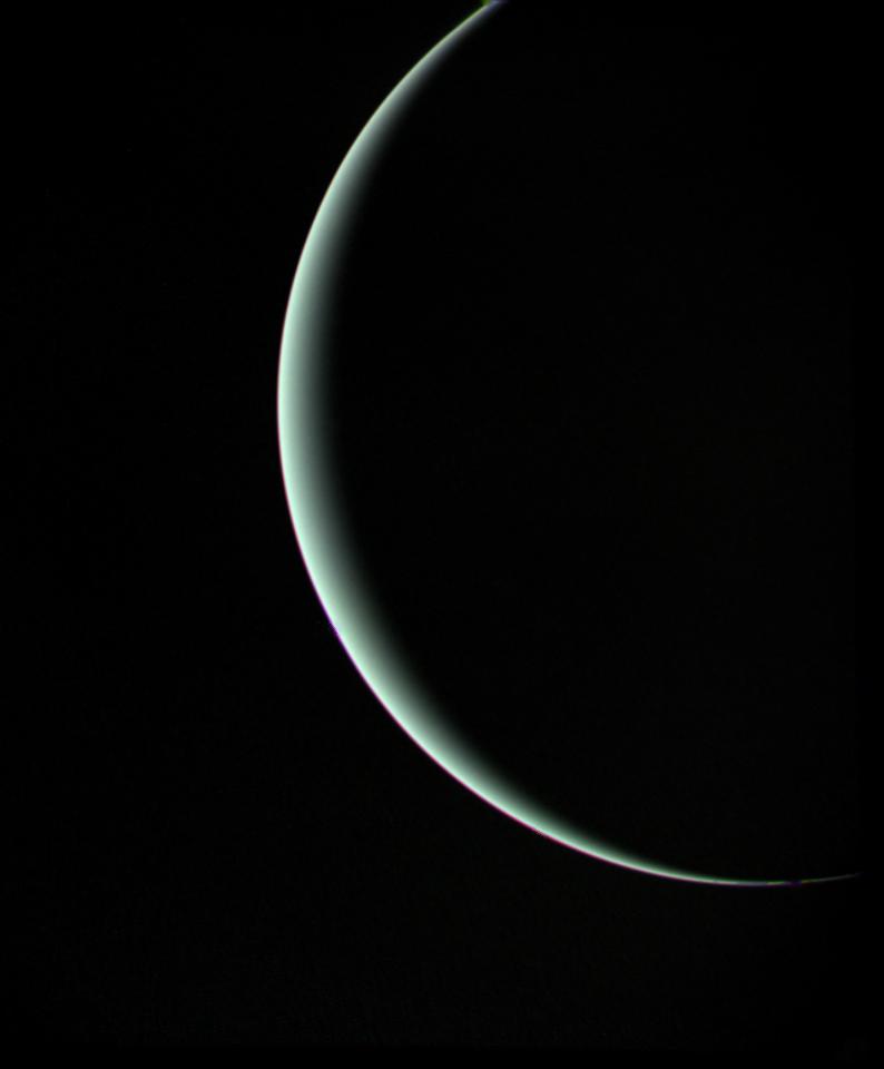 An artistic photograph of Uranus. This shot was taken by the voyager 2 spacecraft as it continued its journey into outer space. Image Credit: NASA/JPL-Caltech.