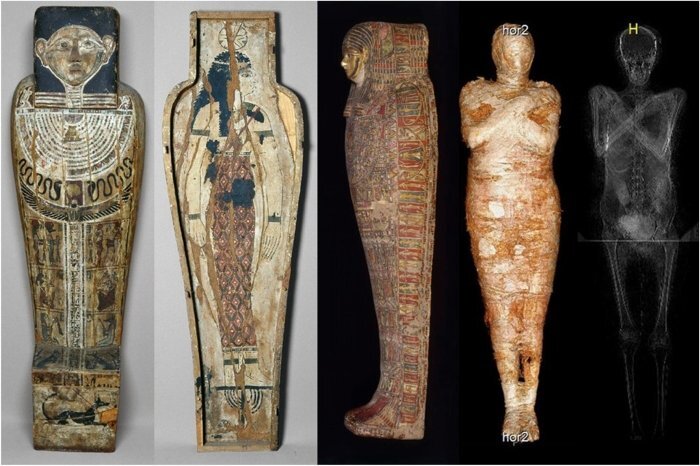 Images of the mummy, cartonnage, and coffin. Credit: National Museum in Warsaw / Warsaw Mummy Project