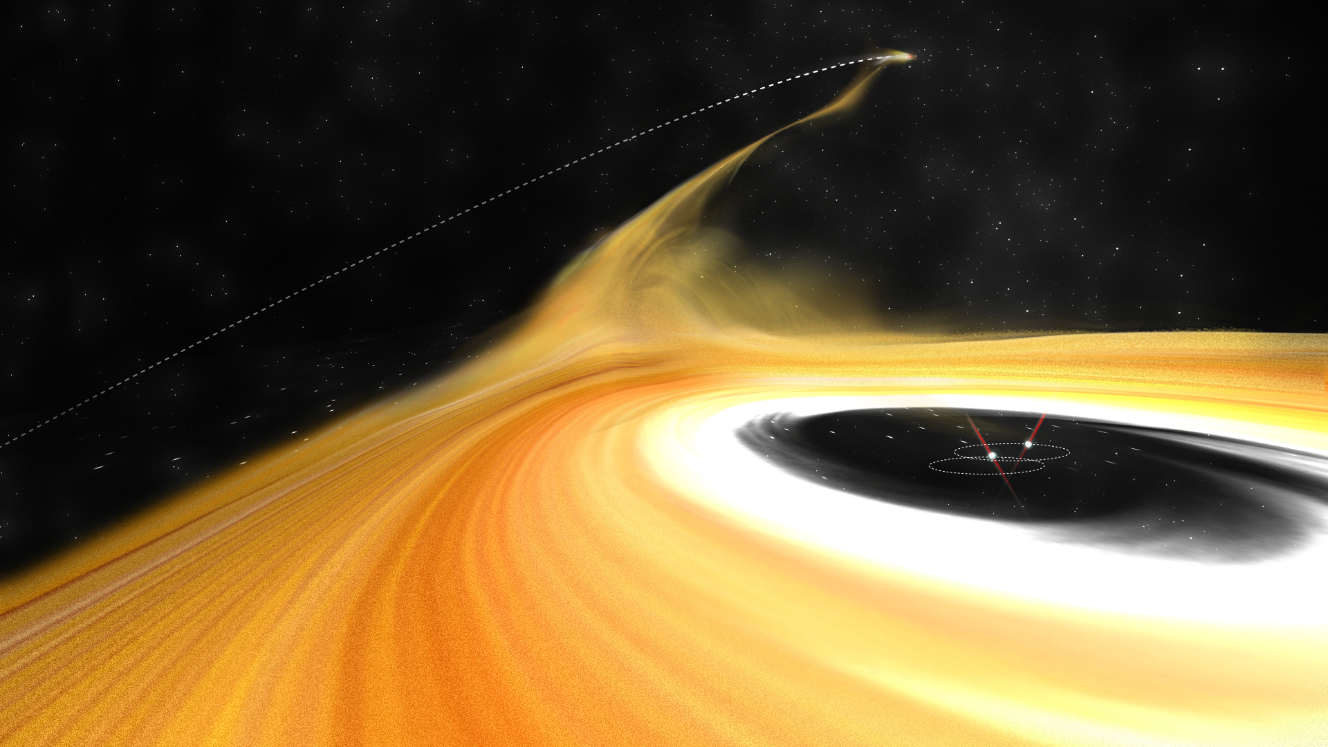 Artist's impression of the intruder star as it passed through the Z Canis Majoris star system and disrupted the protoplanetary disc. Credit: ALMA (ESO/NAOJ/NRAO), B. Saxton (NRAO/AUI/NSF)
