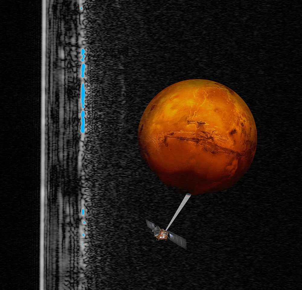 Artistic representation of the Mars Express spacecraft exploring the southern hemisphere of Mars. A radar "picture" is shown in the background (rotated 90 degrees). The brightest white line is the surface, while the blue spots are interpreted as liquid water. Credit: ESA, INAF