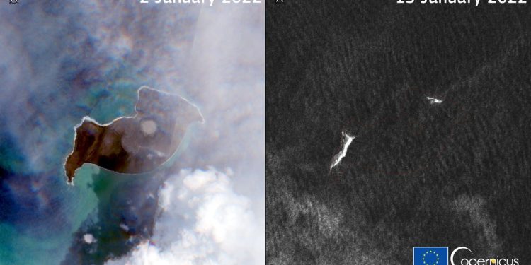 A comparison between January 2 and January 15 show that an entire island has disappeared. Image Credit: Twitter/ https://twitter.com/defis_eu