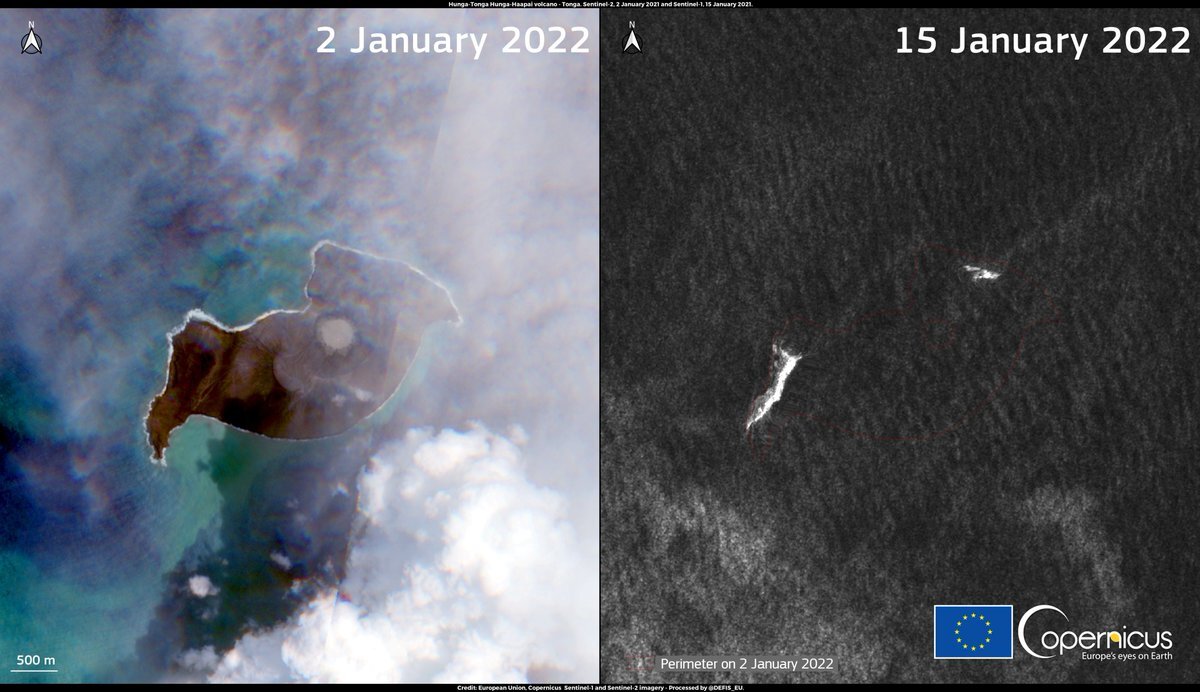 A comparison between January 2 and January 15 show that an entire island has disappeared. Image Credit: Twitter/ https://twitter.com/defis_eu