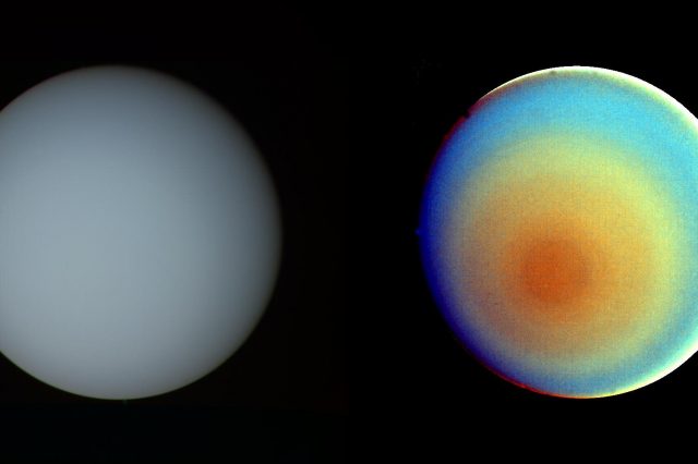 This is false-color and contrast-enhanced image of Uranus. Image Credit: NASA/JPL-Caltech.