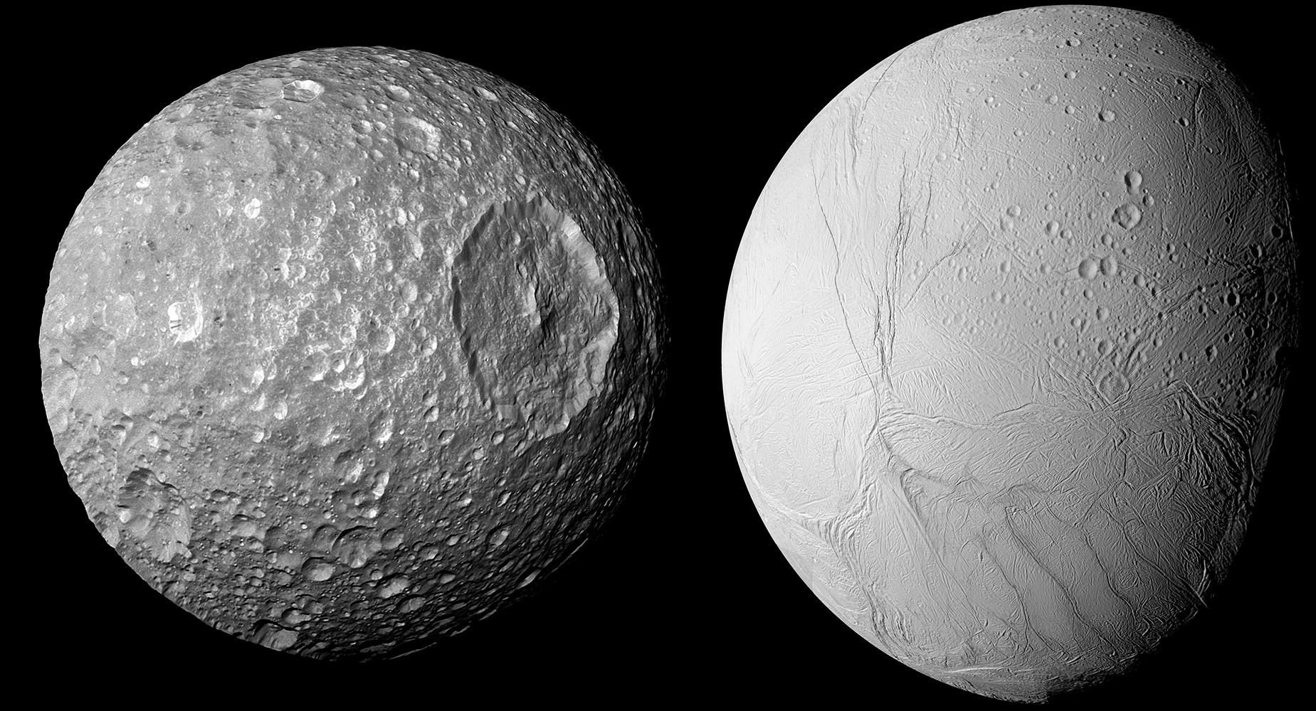 An SwRI scientist has discovered that Saturn’s small moon Mimas (left) likely has something in common with its larger neighbor Enceladus: an internal ocean beneath a thick icy surface. Image Credit: NASA / JPL-Caltech / Space Science Institute.