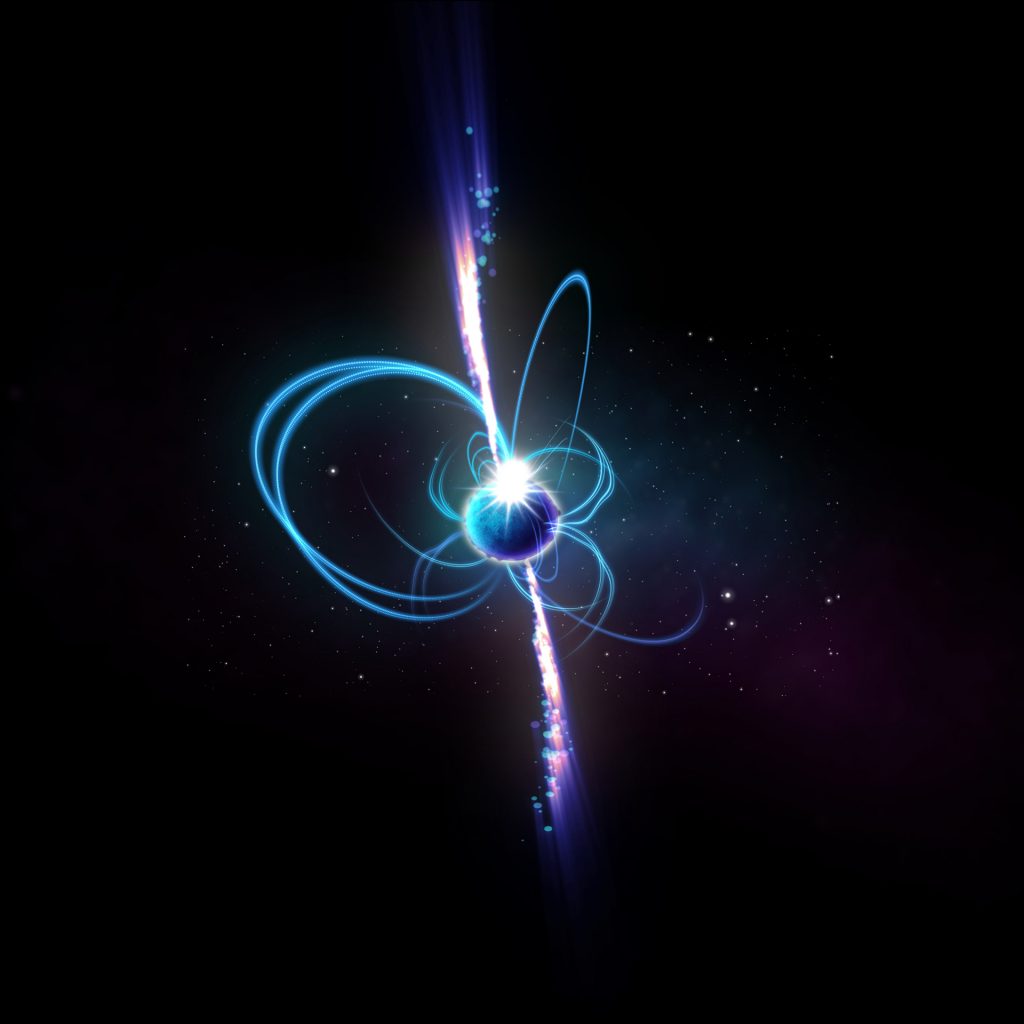 Artistic representation of a magnetar with an ultra-long period - a potential source of repetitive pulses of radio waves/signals. Credit: ICRAR