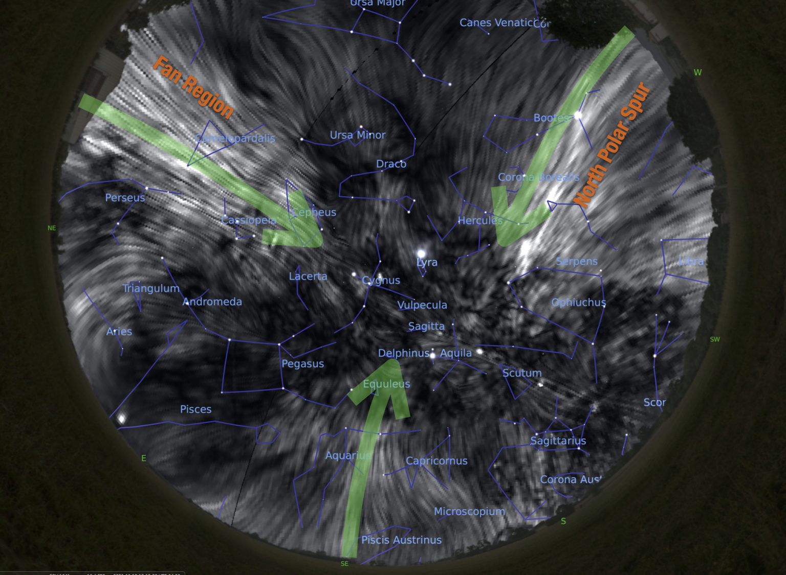 View of the sky in radio polarized waves with the Fan Region and the North Polar Spur, which form the massive magnetic tunnel that surrounds us. Credit: J. West
