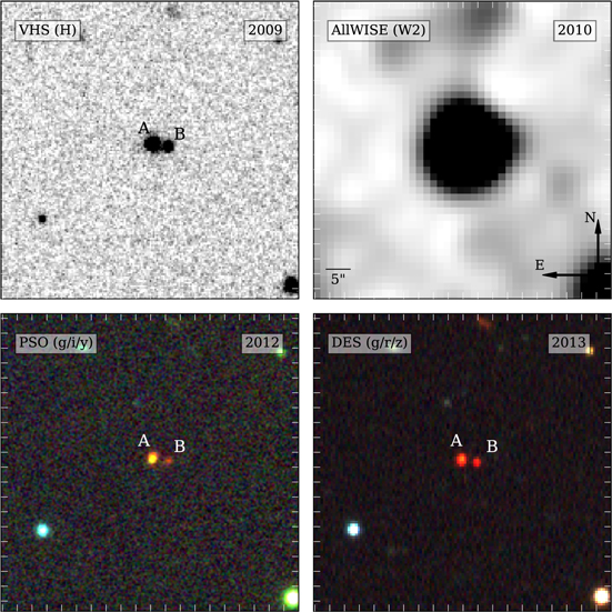 Infrared (top) and optical (bottom) images of CWISE J0146-0508AB. Credit: Emma Softich et al. / The Astrophysical Journal Letters, 2022