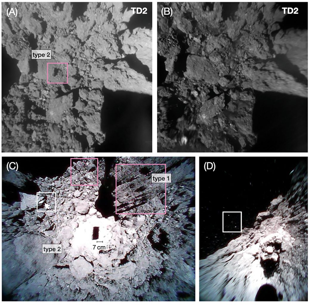 Pebbles and boulders on the surface of Ryugu: (a,b) images taken by the station; (c,d) images acquired by the MINERVA-II 1A module. Credit: S. Tachibana et al. / Science, 2022