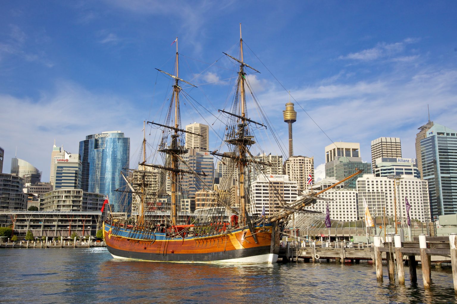 A replica of Captain Cook's HMS Endeavour next to the Australian National Maritime Museum in Sydney. Credit: DepositPhotos