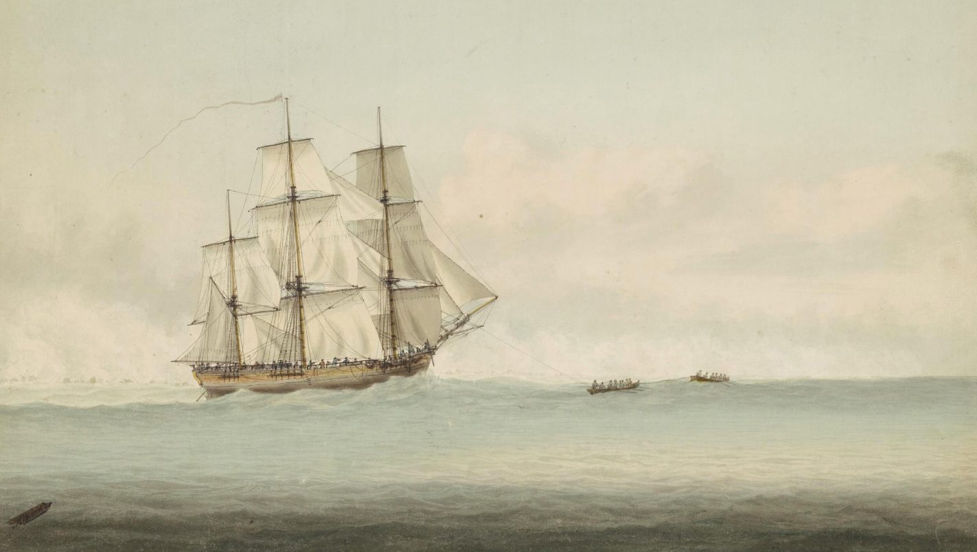 A painting of Captain Cook's HMS Endeavour called "HMS Endeavour off the coast of New Holland", by Samuel Atkins (1787-1808). Credit: Wikimedia Commons