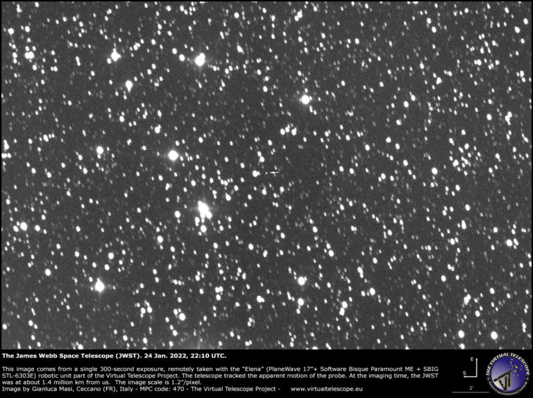 Look at the very center of the image, there is a small arrow pointing to the James Webb space telescope. Credit: TVTP 2.0.