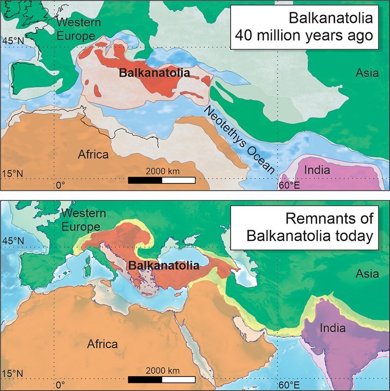 Where the continent was and what is left of Balkantolia's territory in modern days. Credit: Alexis Licht, Grégoire Métais/CNRS