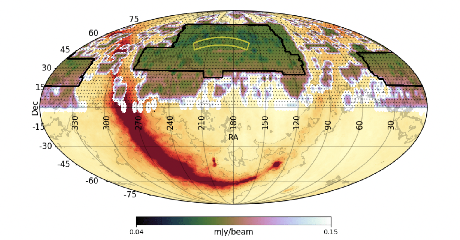 Status of the LoTSS observations as of April 2021 and approximate current sensitivity coverage (accounting for station projection and typical sensitivities achieved to date) overlaid on the Haslam et al. (1982) 408 MHz all-sky image (corresponding to yellow to deep red colours, with associated contours). Image Credit: The LOFAR Two-metre Sky Survey - V. Second data release.