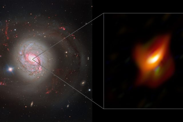 On the left is an image of the active galaxy Messier 77 taken with the FOcal Reducer instrument and the Low Dispersion Spectrograph (FORS2) at the Very Large Telescope. On the right is an enlarged image of the inner region of this galaxy, its active nucleus and the location of the black hole in cosmic dust, made using data from the MATISSE instrument of the Very Large Telescope. Credit: ESO/Jaffe, Gámez-Rosas et al.