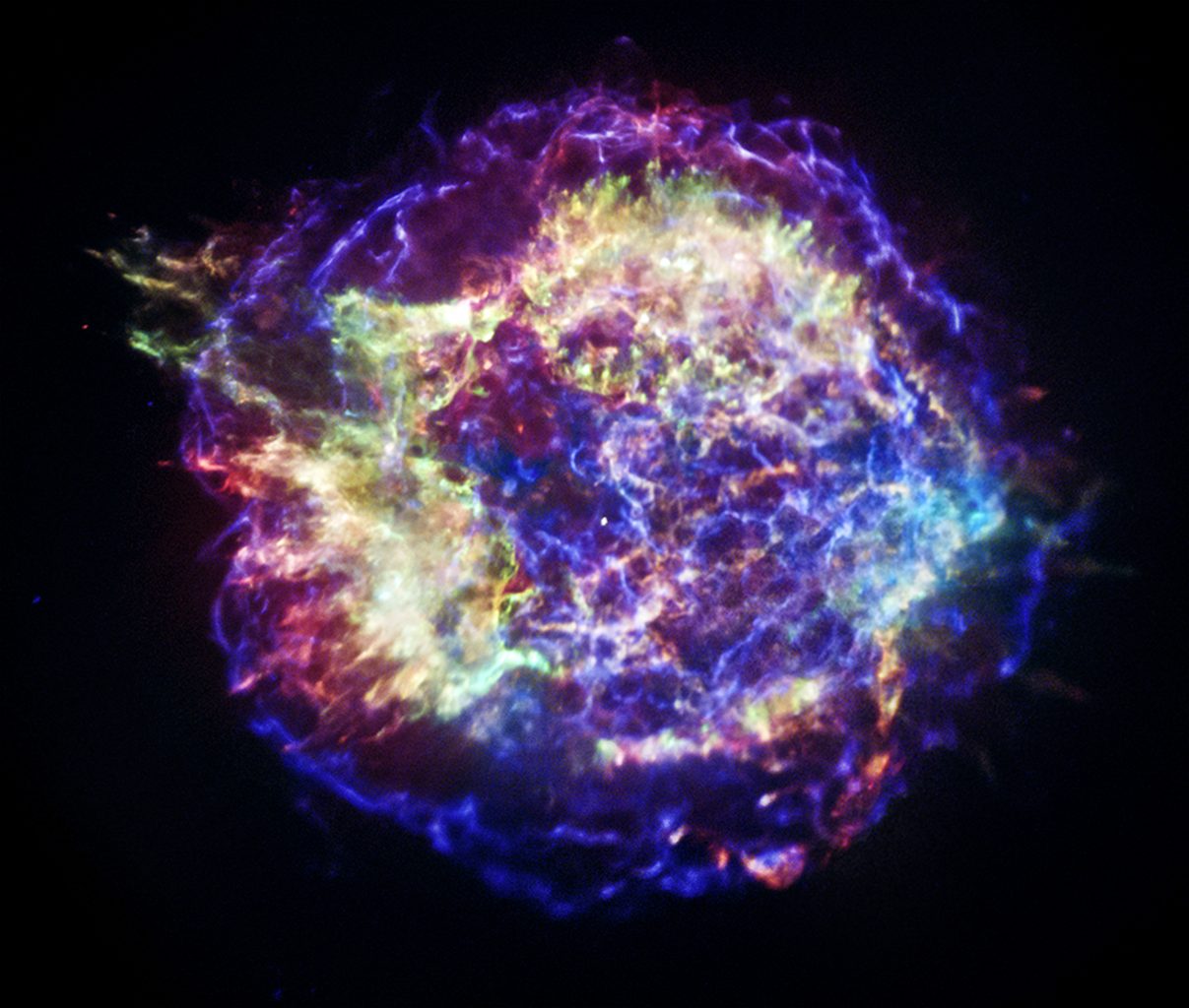 Composite image of Cassiopeia A from 2005 made from combined data from Chandra, Hubble, and Spitzer. Credit: NASA/JPL-Caltech