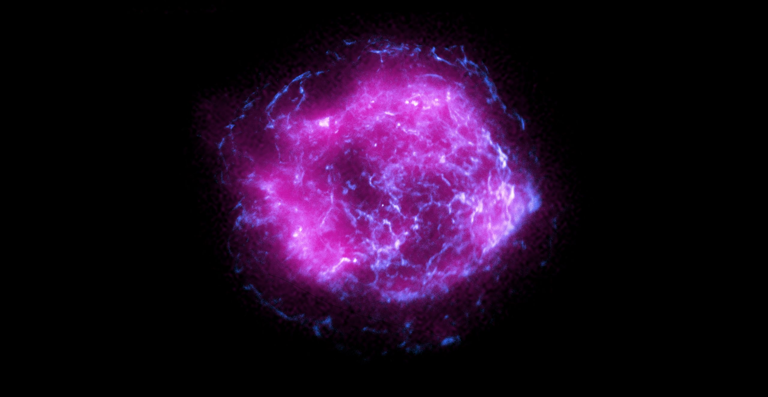 X-ray image of Cassiopeia A from the IXPE (magenta) and Chandra (blue) telescopes. Credit: NASA/CXC/SAO/IXPE