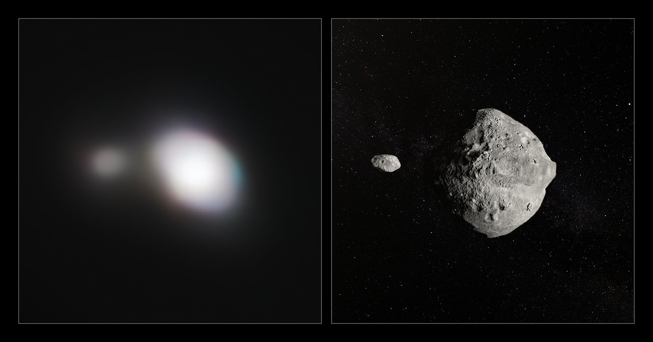 Artist's impression of asteroid 1999 KW4 on the right and an actual image on the left. Credit: ESO