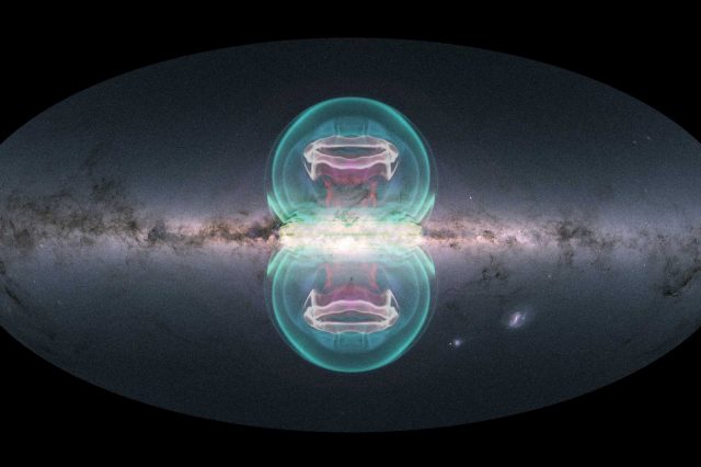 Artist's impression of the Fermi Bubbles in the center of the Milky Way over an image of the Milky Way by the Gaia Observatory. Credit: ESA/Gaia/DPAC, CC BY-SA 3.0 IGO