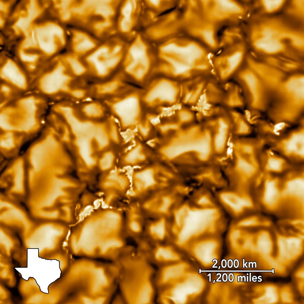 Image of the solar photosphere obtained with DKIST. The inset shows the size of the state of Texas for comparison. Credit: NSO/NSF/AURA