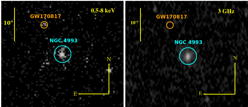X-ray (left) and radio (right) images of GW170817 taken 1209−1265 days after the merger. Credit: Aprajita Hajela et al. / ArXiv, 2022