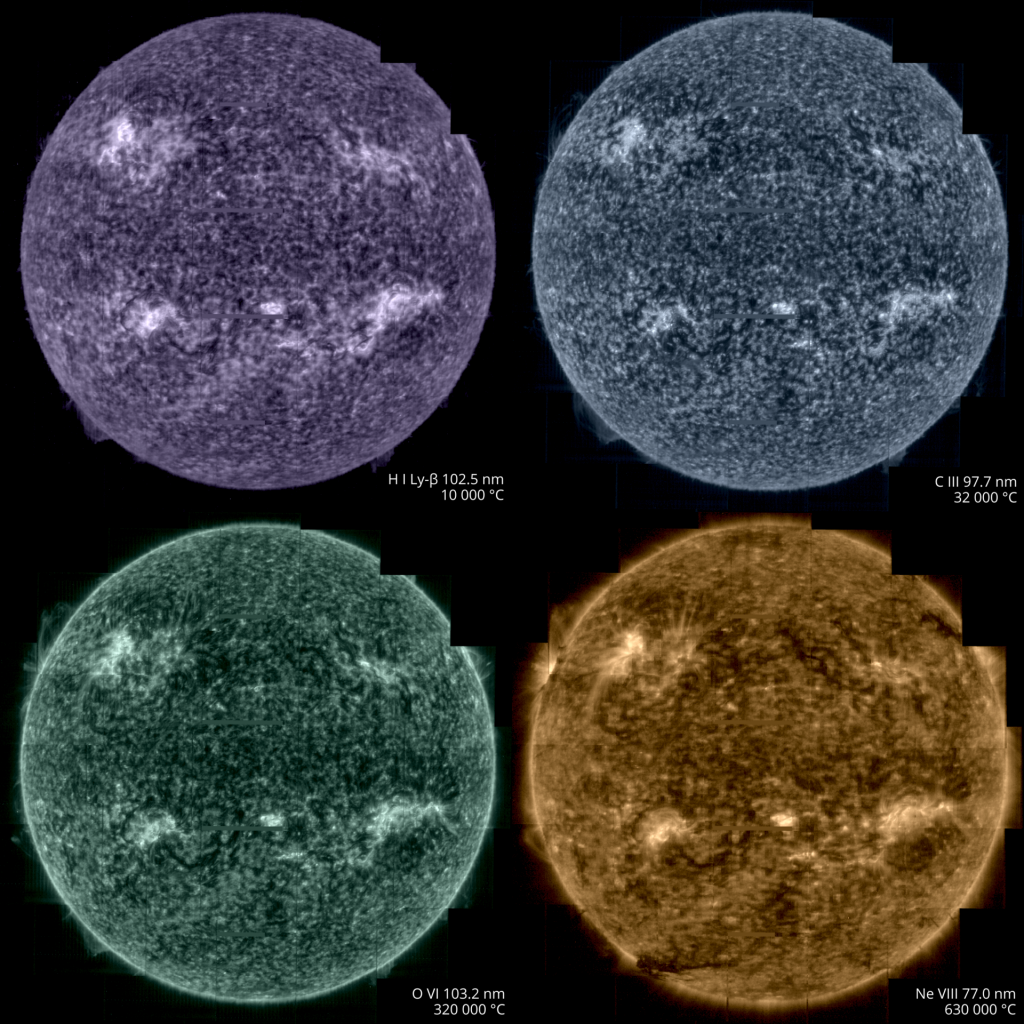 Images of the Sun taken by SPICE in the emission lines of hydrogen, carbon, oxygen and neon. Credit: ESA, NASA, G. Pelouze / IAS