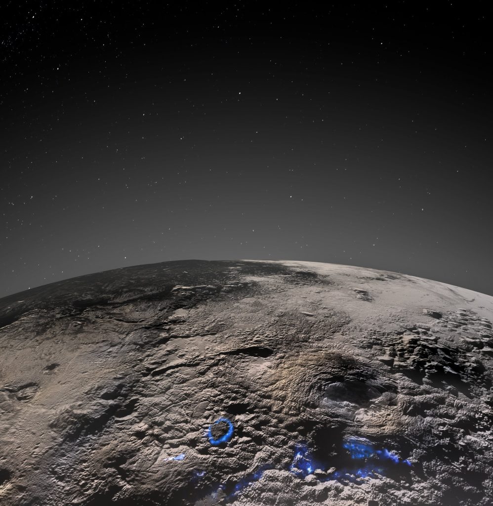 Image of Pluto from 2015 with evidence of cryovolcanism or the existence of ice volcanoes designated in blue. Credit: NASA/Johns Hopkins University Applied Physics Laboratory/Southwest Research Institute/Isaac Herrera/Kelsi Singer