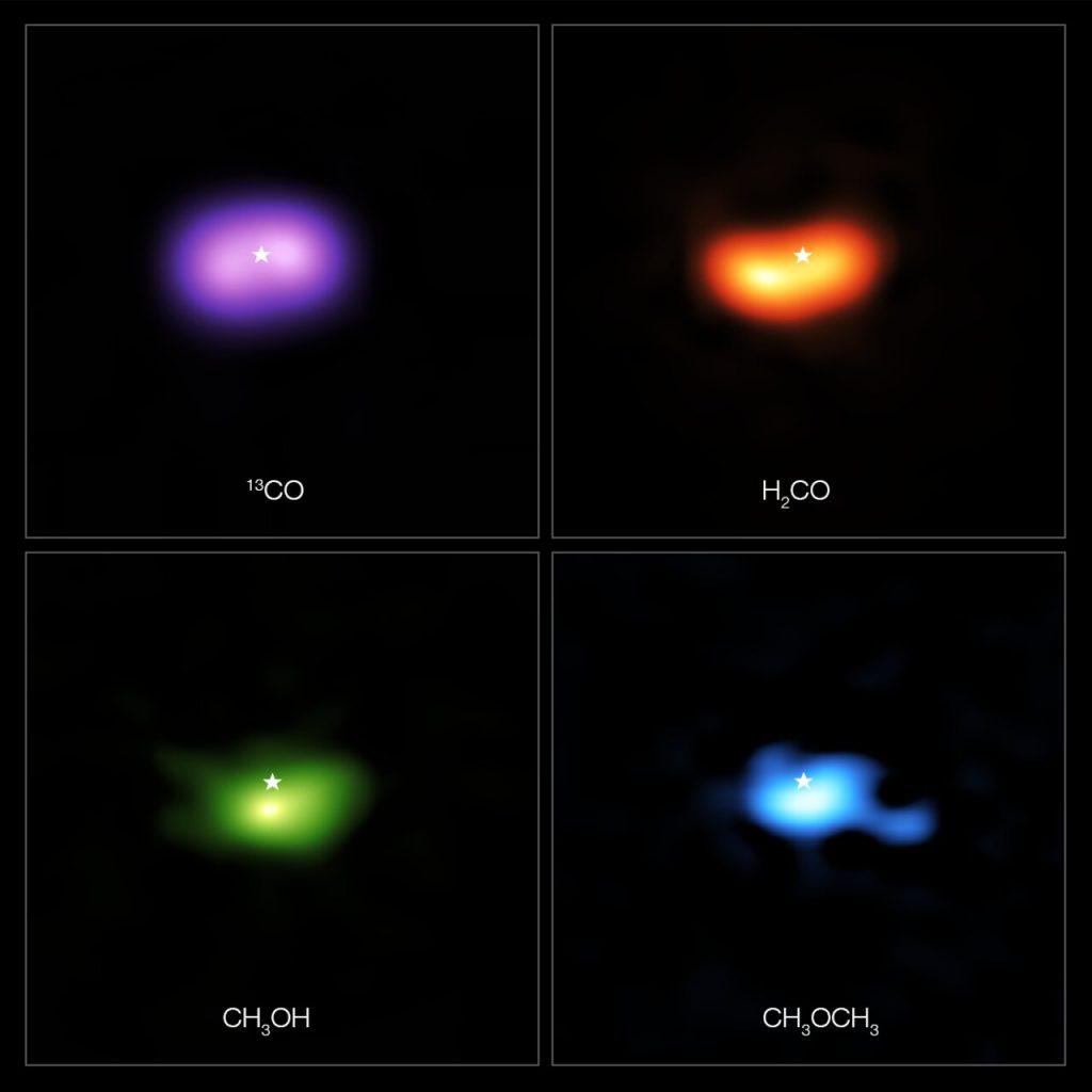 ALMA images show exactly where various molecules are found in the disk around the star IRS 48. Observations revealed the presence of several kinds of complex organic molecules, including formaldehyde (H2CO; orange), methanol (CH3OH; green), and dimethyl ether (CH3OCH3; blue); the latter molecule is the largest ever found in a protoplanetary disk. Credit: ALMA (ESO/NAOJ/NRAO)/A. Pohl, van der Marel et al., Brunken et al.
