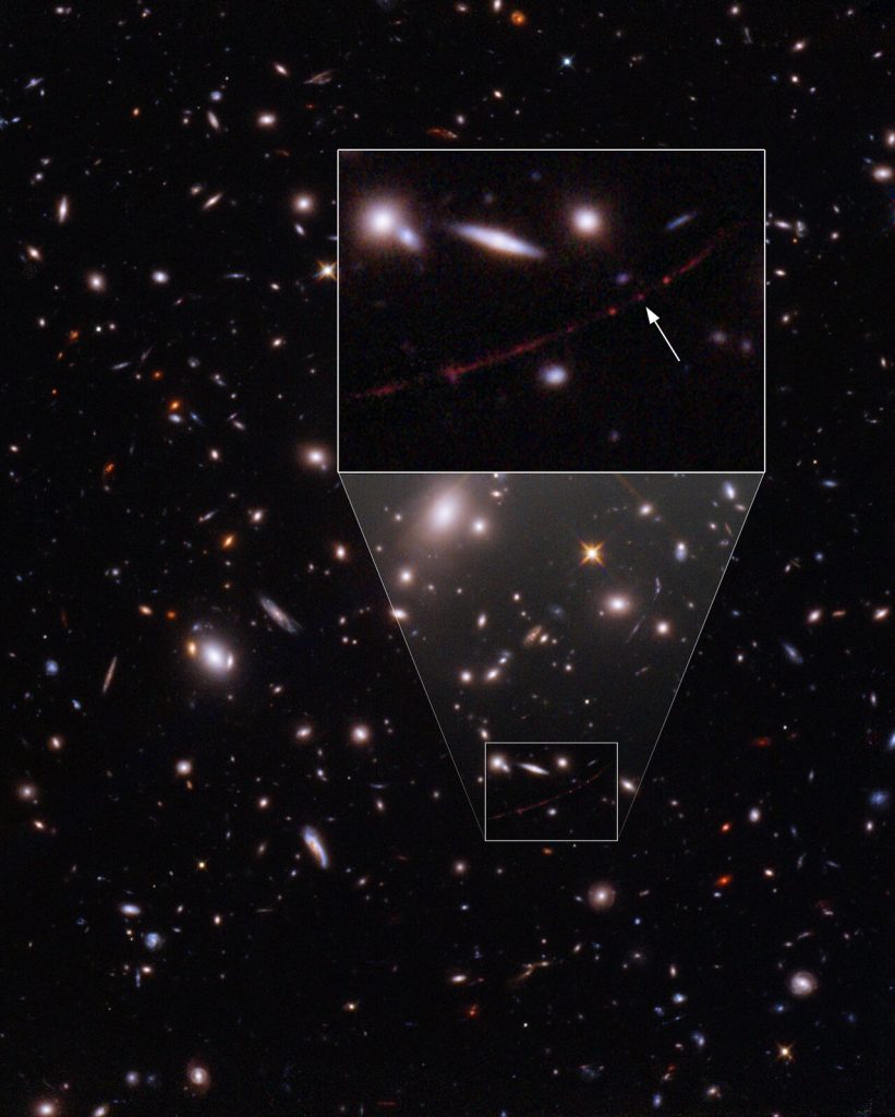 This is the location of the most distant star named Earendel, which is positioned in a unique ripple in spacetime that allowed us to see it through extreme magnification from its host galaxy. Credit: NASA, ESA, Brian Welch / JHU, Dan Coe, Alyssa Pagan / STScI