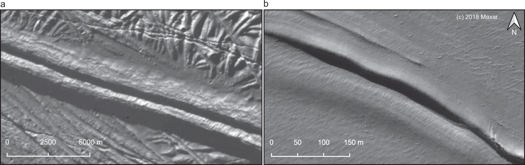 a) Double ridge on Europa, photographed by the Galileo station. Image resolution is 20 m/pixel, b) double ridge in Greenland, photographed by WorldView-3 satellite. The image resolution is 0.31 m/pixel. Credit: Riley Culberg et al. / Nature Communications, 2022