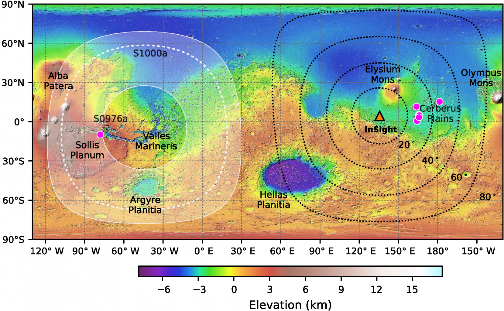 Seismic map of Mars. The location of InSight is shown by a triangle, the dots mark the position of the sources of marsquakes. Credit: Anna C. Horleston et al. / The Seismic Record, 2022