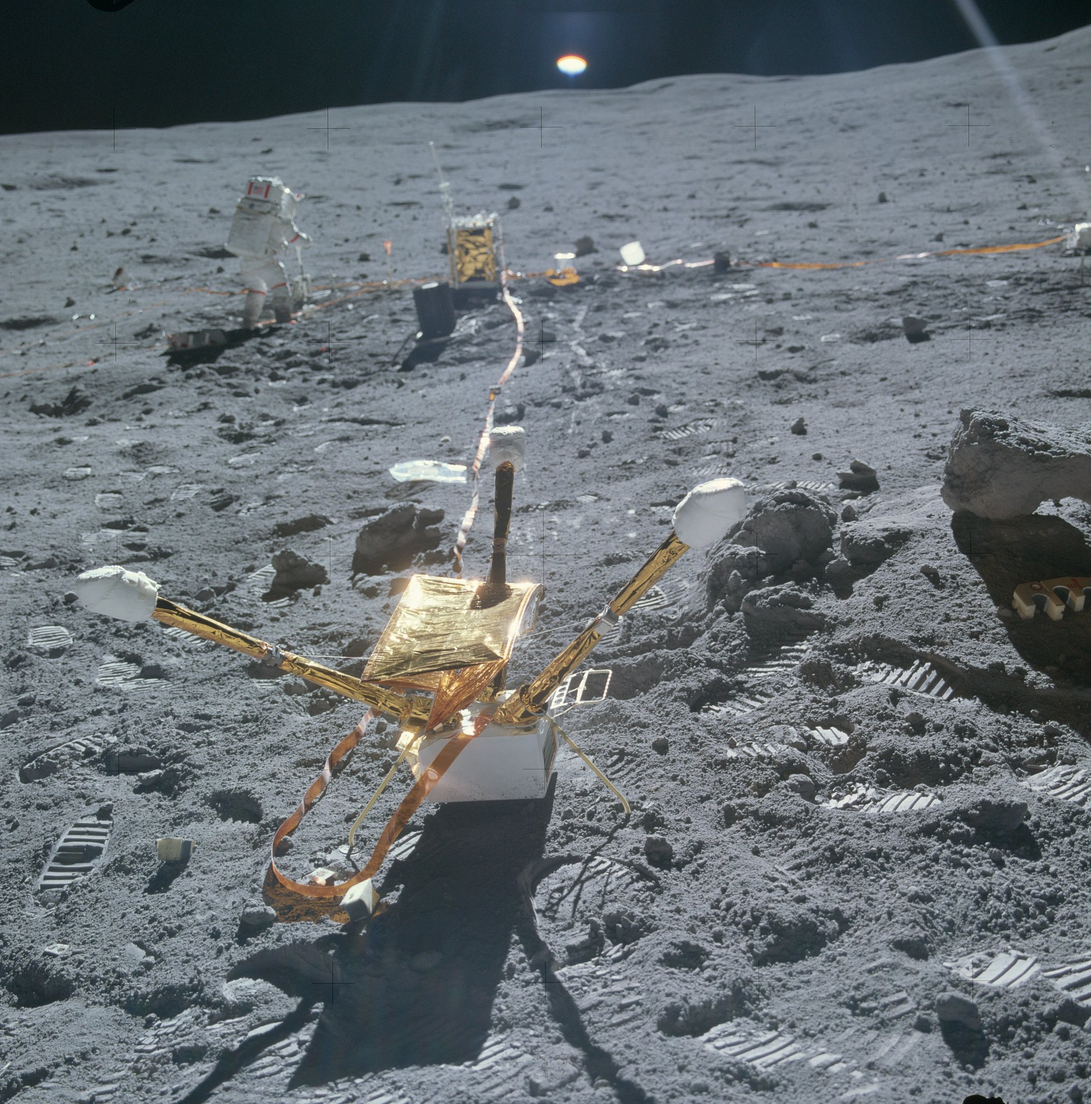 A photograph of the Apollo 16 Lunar Surface Magnetometer. Image Credit: NASA.