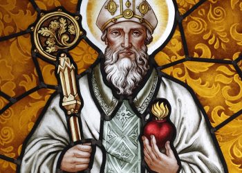 Saint Augustine of Hippo. Stained glass window. at the Thi Nghe Church in Vietnam. Depositphotos.