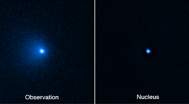 Actual observation image of the largest comet C/2014 UN271 (Bernardinelli-Bernstein) and an isolated edited view of the nucleus. Credit: NASA, ESA, Man-To Hui (Macau University of Science and Technology), David Jewitt (UCLA); Image processing: Alyssa Pagan (STScI)
