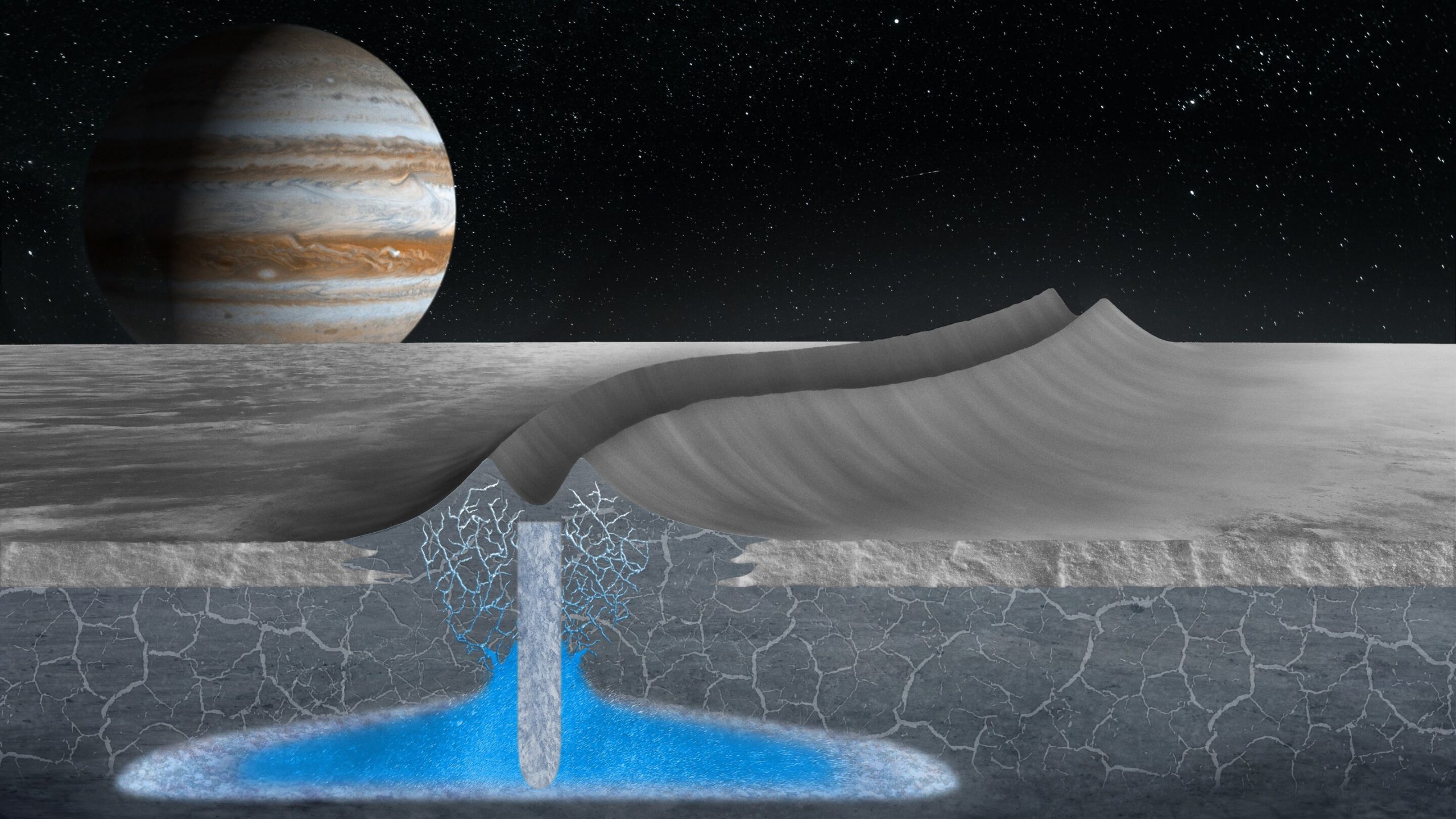 There could be water near the surface of Europa and it could be enough for alien organisms to survive. Credit: Justice Blaine Wainwright