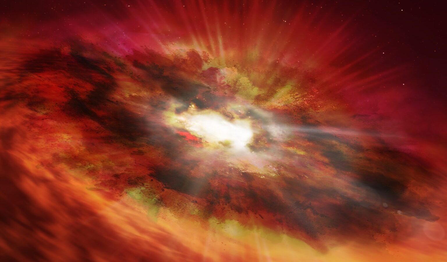 An artist's rendering of the birth of supermassive black hole GNz7q, which lies inside the dusty core of a star-forming galaxy. Illustration: NASA