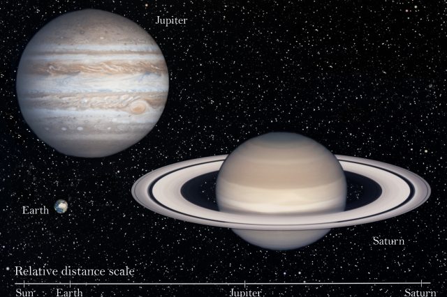 An artistic rendering of Jupiter, Saturn and the Earth to scale. Depositphotos.
