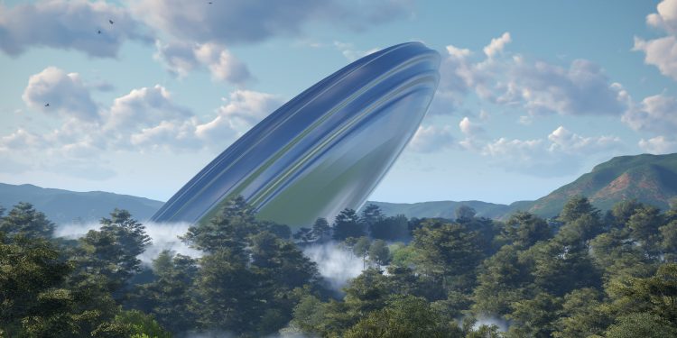 Artistic rendering of a crashed UFO and alien technology. Depositphotos.